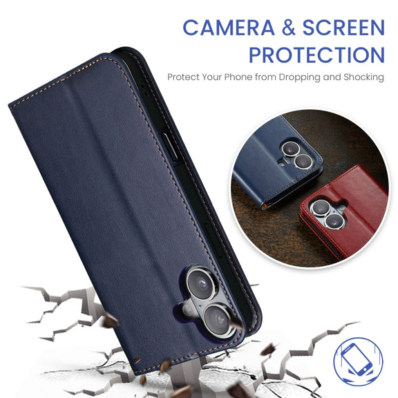 For iPhone 16 Plus Fierre Shann PU Genuine Leather Texture Phone Case(Blue)