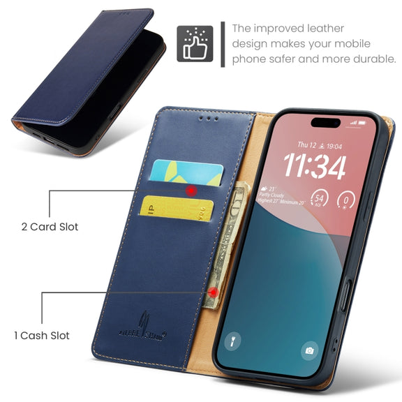 For iPhone 16 Plus Fierre Shann PU Genuine Leather Texture Phone Case(Blue)