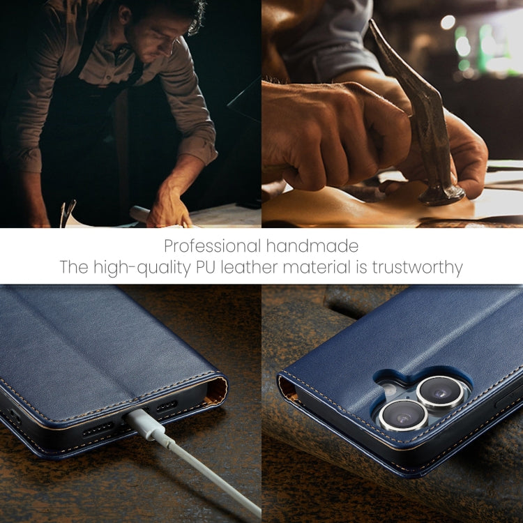 For iPhone 16 Plus Fierre Shann PU Genuine Leather Texture Phone Case(Blue)