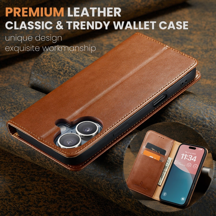 For iPhone 16 Plus Fierre Shann PU Genuine Leather Texture Phone Case(Brown)