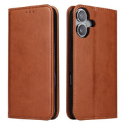 For iPhone 16 Plus Fierre Shann PU Genuine Leather Texture Phone Case(Brown)