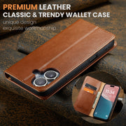 For iPhone 16 Plus Fierre Shann PU Genuine Leather Texture Phone Case(Brown)