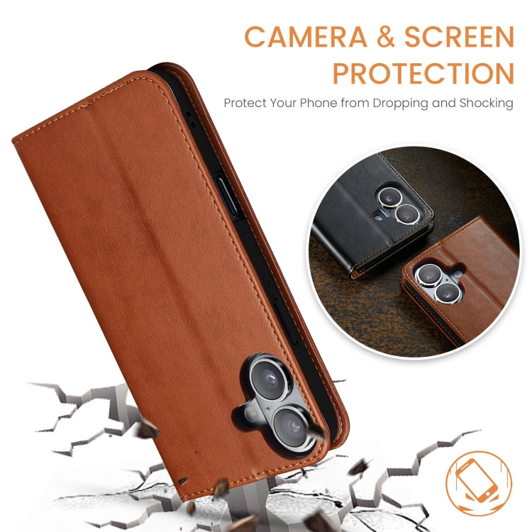 For iPhone 16 Plus Fierre Shann PU Genuine Leather Texture Phone Case(Brown)