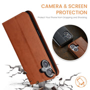 For iPhone 16 Plus Fierre Shann PU Genuine Leather Texture Phone Case(Brown)