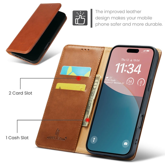 For iPhone 16 Plus Fierre Shann PU Genuine Leather Texture Phone Case(Brown)