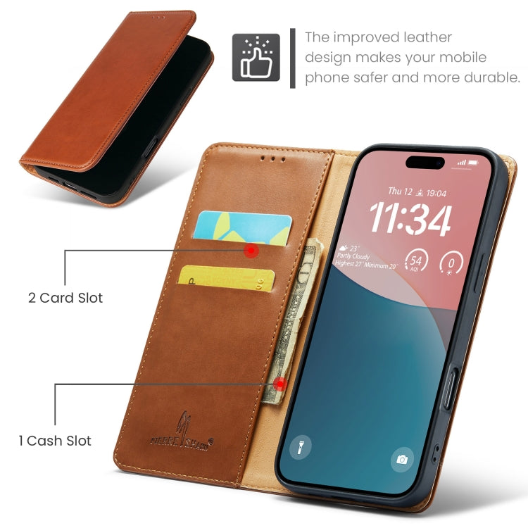 For iPhone 16 Plus Fierre Shann PU Genuine Leather Texture Phone Case(Brown)