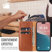 For iPhone 16 Plus Fierre Shann PU Genuine Leather Texture Phone Case(Brown)