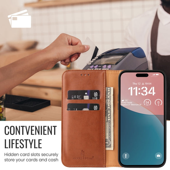 For iPhone 16 Plus Fierre Shann PU Genuine Leather Texture Phone Case(Brown)