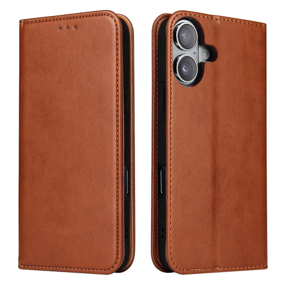For iPhone 16 Plus Fierre Shann PU Genuine Leather Texture Phone Case(Brown)