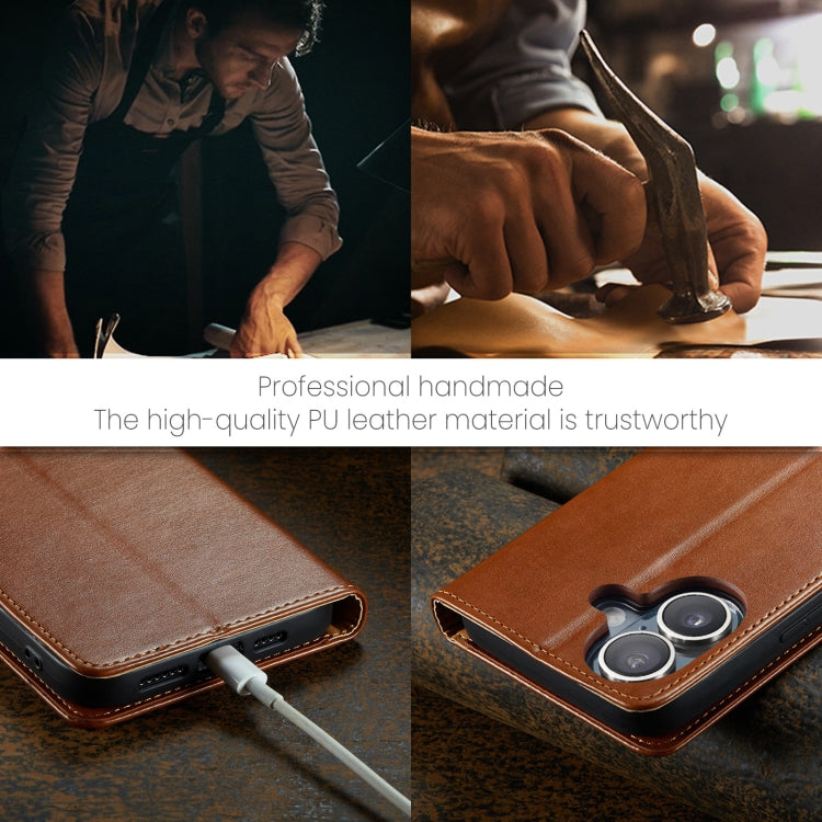 For iPhone 16 Plus Fierre Shann PU Genuine Leather Texture Phone Case(Brown)