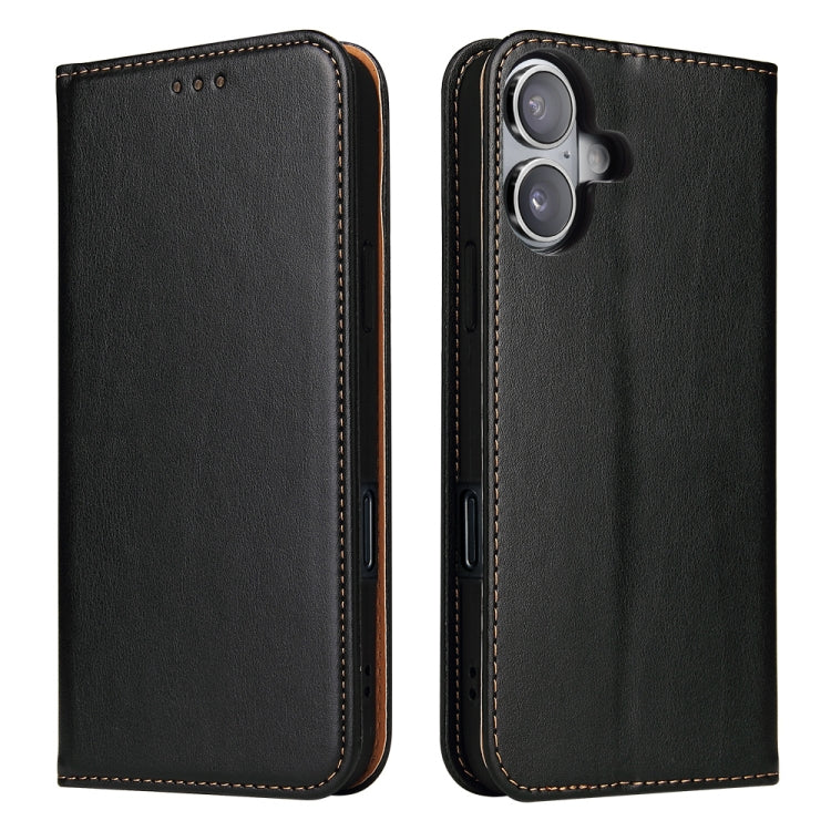 For iPhone 16 Plus Fierre Shann PU Genuine Leather Texture Phone Case(Black)