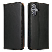 For iPhone 16 Plus Fierre Shann PU Genuine Leather Texture Phone Case(Black)