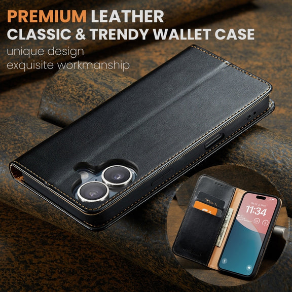 For iPhone 16 Plus Fierre Shann PU Genuine Leather Texture Phone Case(Black)