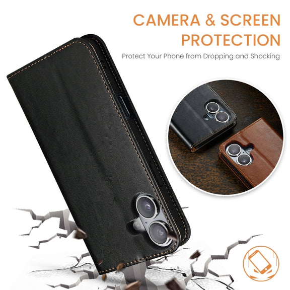 For iPhone 16 Plus Fierre Shann PU Genuine Leather Texture Phone Case(Black)