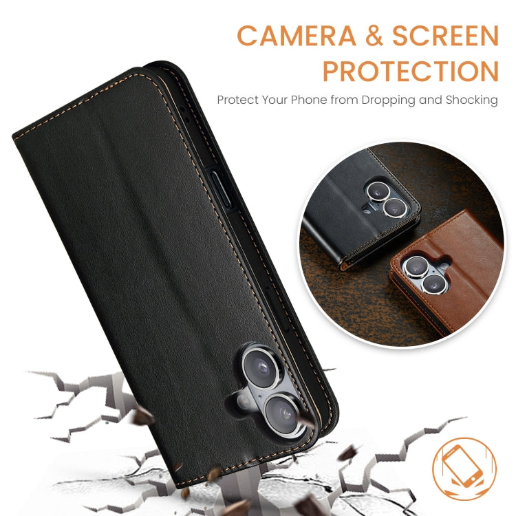 For iPhone 16 Plus Fierre Shann PU Genuine Leather Texture Phone Case(Black)
