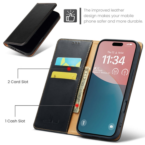 For iPhone 16 Plus Fierre Shann PU Genuine Leather Texture Phone Case(Black)