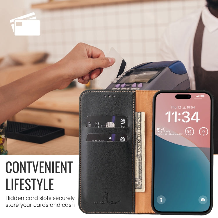 For iPhone 16 Plus Fierre Shann PU Genuine Leather Texture Phone Case(Black)