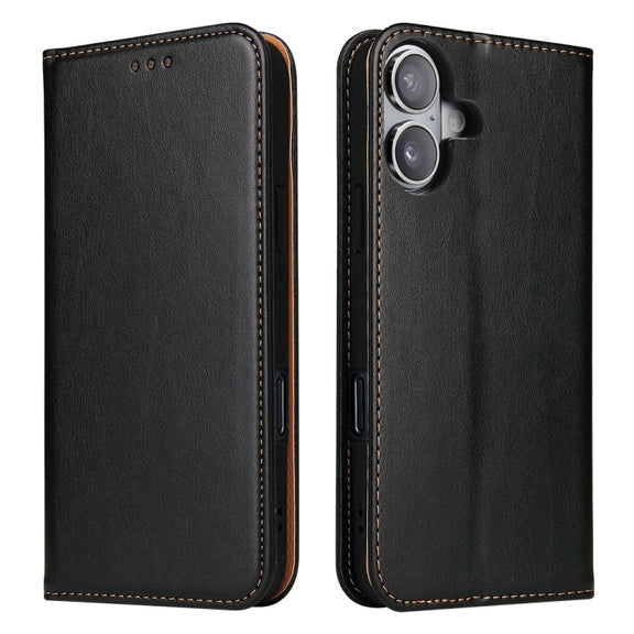 For iPhone 16 Plus Fierre Shann PU Genuine Leather Texture Phone Case(Black)