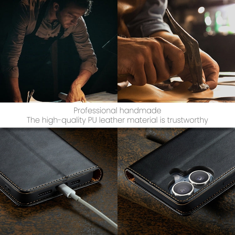 For iPhone 16 Plus Fierre Shann PU Genuine Leather Texture Phone Case(Black)