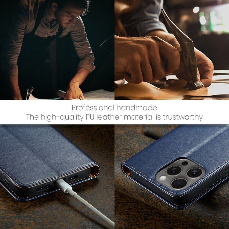 For iPhone 16 Pro Fierre Shann PU Genuine Leather Texture Phone Case(Blue)