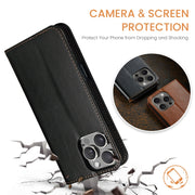 For iPhone 16 Pro Fierre Shann PU Genuine Leather Texture Phone Case(Black)