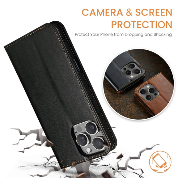 For iPhone 16 Pro Fierre Shann PU Genuine Leather Texture Phone Case(Black)