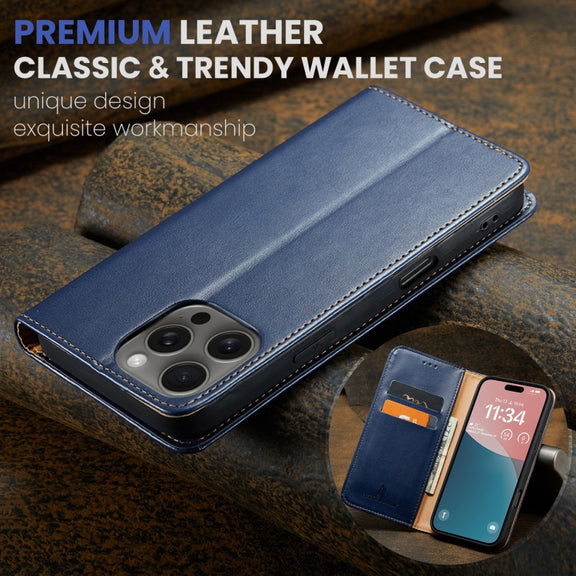 For iPhone 16 Pro Max Fierre Shann PU Genuine Leather Texture Phone Case(Blue)
