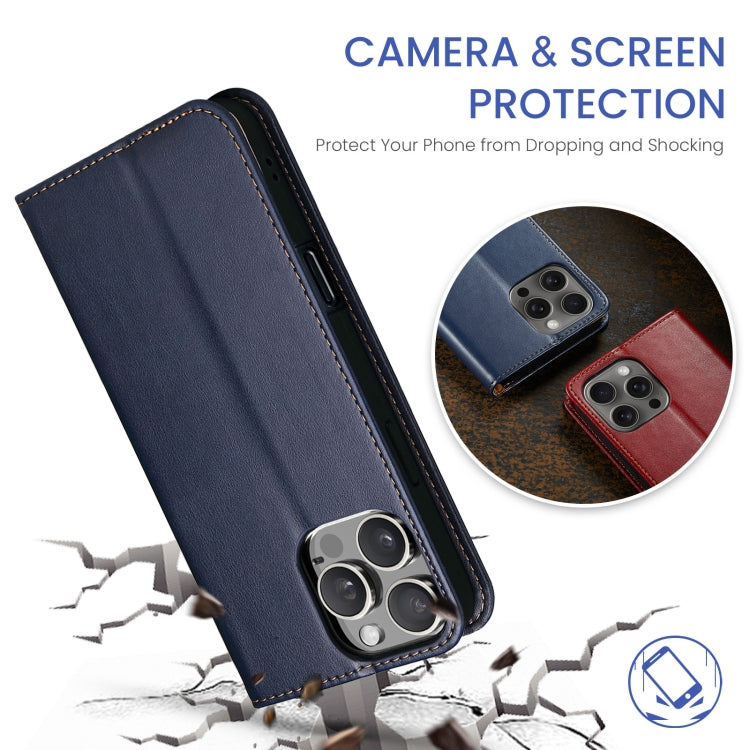 For iPhone 16 Pro Max Fierre Shann PU Genuine Leather Texture Phone Case(Blue)