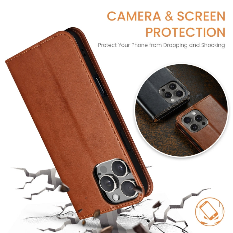 For iPhone 16 Pro Max Fierre Shann PU Genuine Leather Texture Phone Case(Brown)