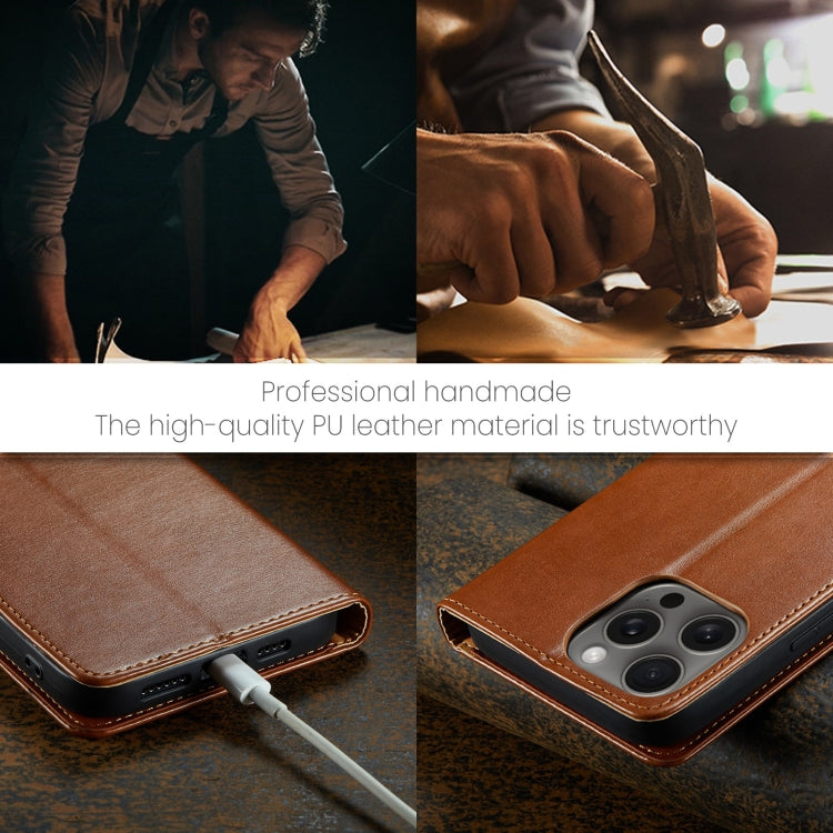 For iPhone 16 Pro Max Fierre Shann PU Genuine Leather Texture Phone Case(Brown)