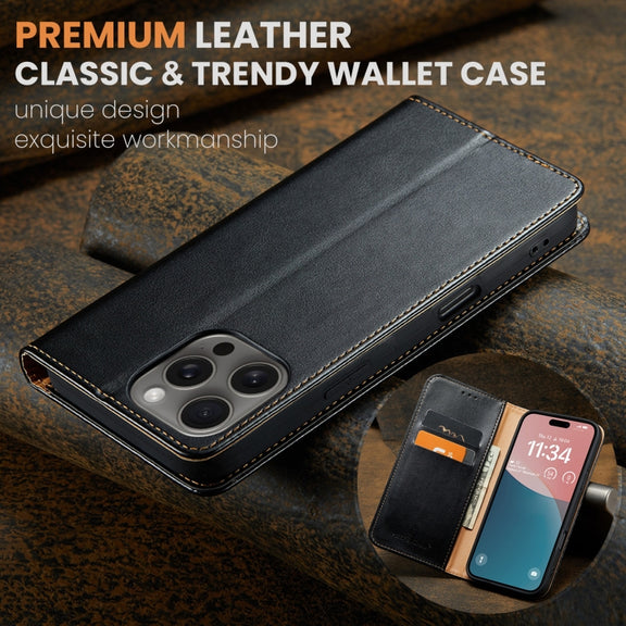 For iPhone 16 Pro Max Fierre Shann PU Genuine Leather Texture Phone Case(Black)