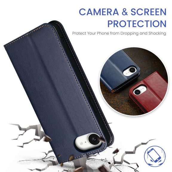 For iPhone 16e Fierre Shann PU Genuine Leather Texture Phone Case(Blue)