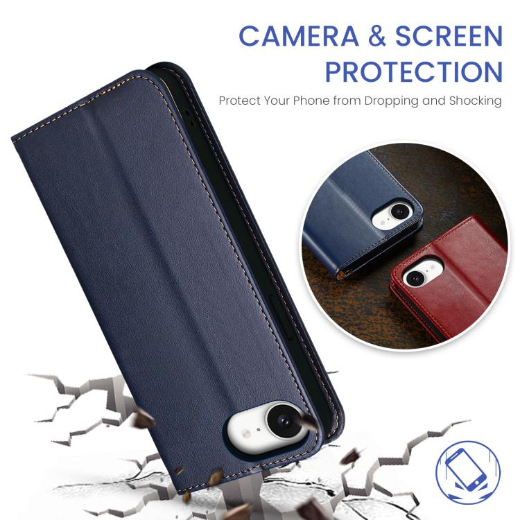 For iPhone 16e Fierre Shann PU Genuine Leather Texture Phone Case(Blue)