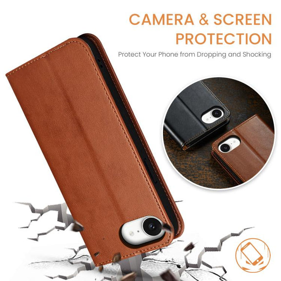 For iPhone 16e Fierre Shann PU Genuine Leather Texture Phone Case(Brown)