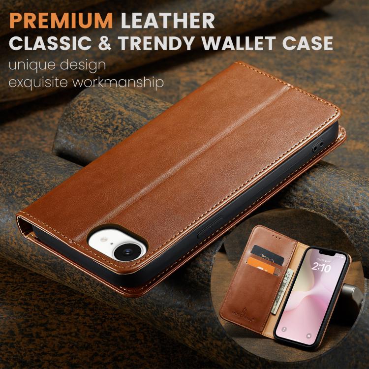 For iPhone 16e Fierre Shann PU Genuine Leather Texture Phone Case(Brown)