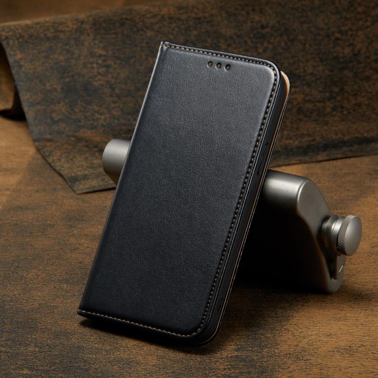 For iPhone 16e Fierre Shann PU Genuine Leather Texture Phone Case(Black)