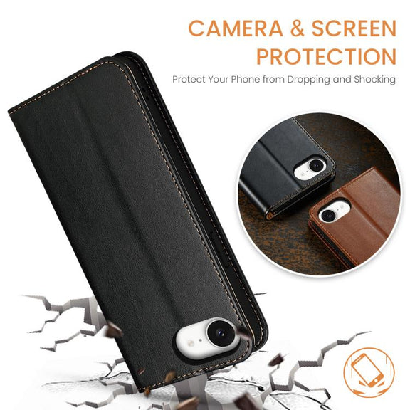 For iPhone 16e Fierre Shann PU Genuine Leather Texture Phone Case(Black)