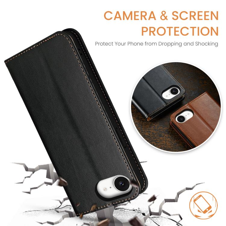 For iPhone 16e Fierre Shann PU Genuine Leather Texture Phone Case(Black)