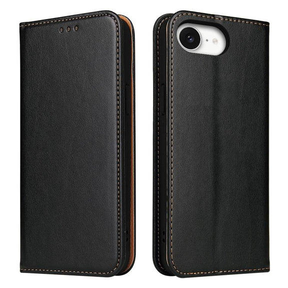 For iPhone 16e Fierre Shann PU Genuine Leather Texture Phone Case(Black)