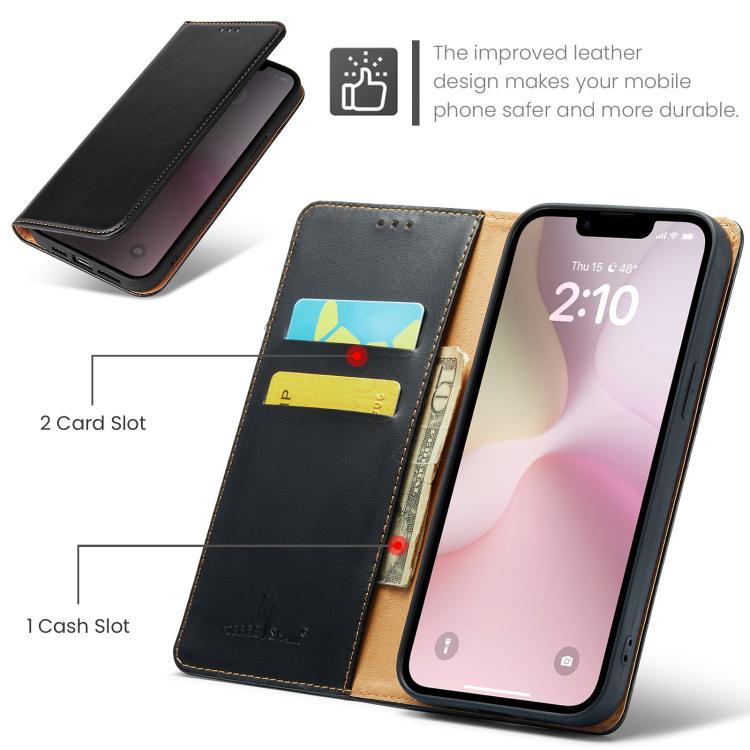 For iPhone 16e Fierre Shann PU Genuine Leather Texture Phone Case(Black)