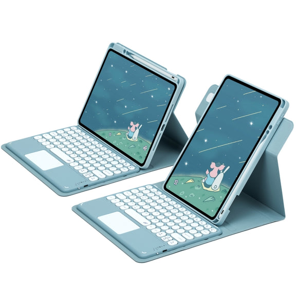 For iPad 10th Gen 10.9 2022 Round Button 360 Degree Rotatable Bluetooth Keyboard Leather Case with Touchpad(Mist Blue)