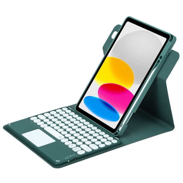 For iPad 10th Gen 10.9 2022 Round Button 360 Degree Rotatable Bluetooth Keyboard Leather Case with Touchpad(Dark Green)