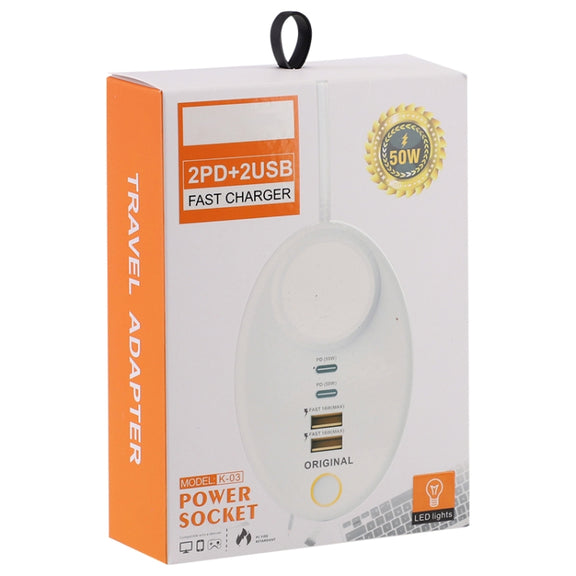 YF-106 USB- C / Type-Cx2+USBx2 Oval PD Socket Phone Charger with Light, Plug Type:EU Plug(White)