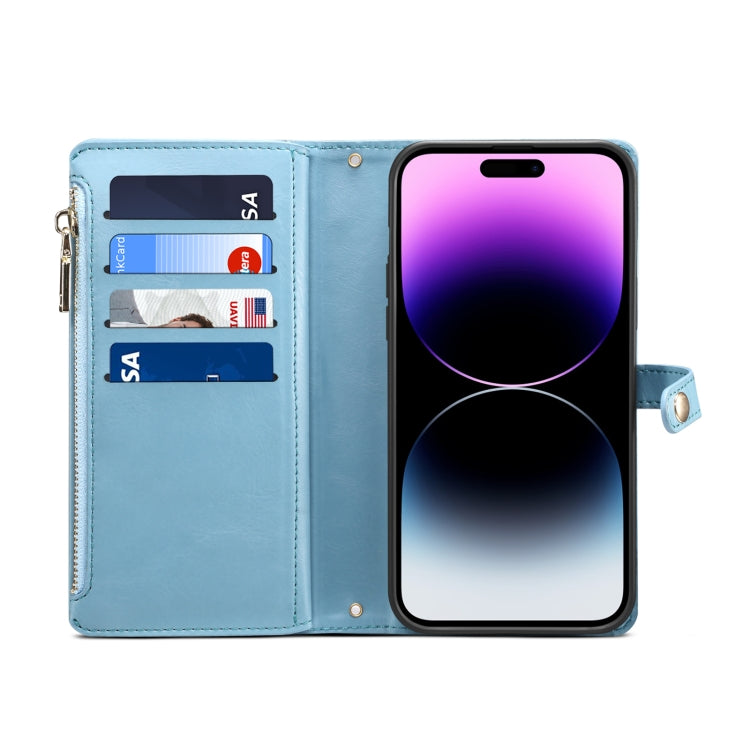 For iPhone 15 Pro Max ESEBLE Star Series Lanyard Zipper Wallet RFID Leather Case(Blue)