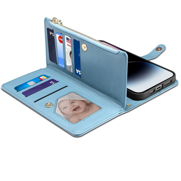 For iPhone 15 Pro Max ESEBLE Star Series Lanyard Zipper Wallet RFID Leather Case(Blue)