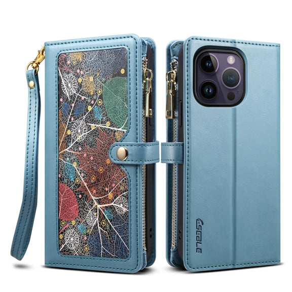 For iPhone 16 Pro Max ESEBLE Star Series Lanyard Zipper Wallet RFID Leather Case(Blue)