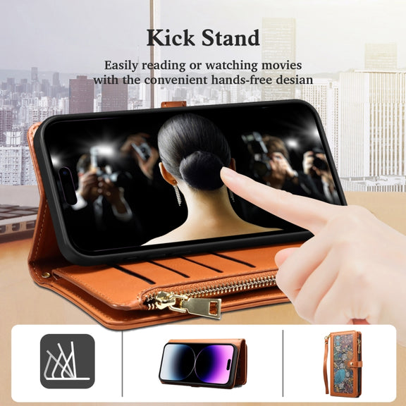 For iPhone 16 Pro ESEBLE Star Series Lanyard Zipper Wallet RFID Leather Case(Brown)