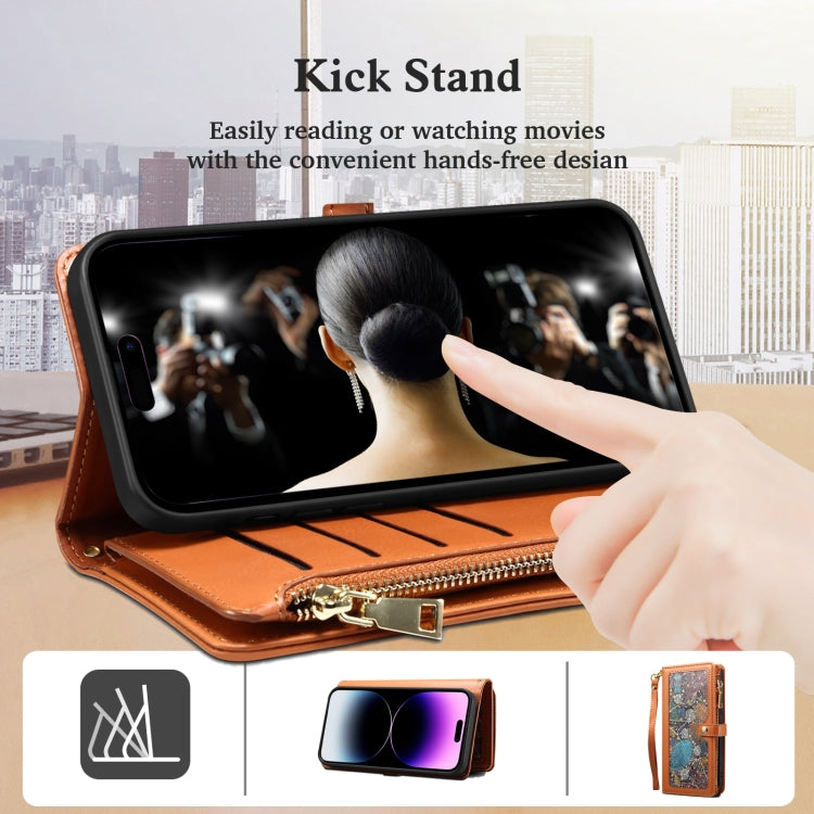 For iPhone 16 Plus ESEBLE Star Series Lanyard Zipper Wallet RFID Leather Case(Brown)
