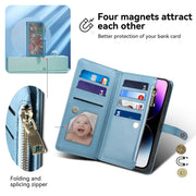For iPhone 16 Plus ESEBLE Star Series Lanyard Zipper Wallet RFID Leather Case(Blue)