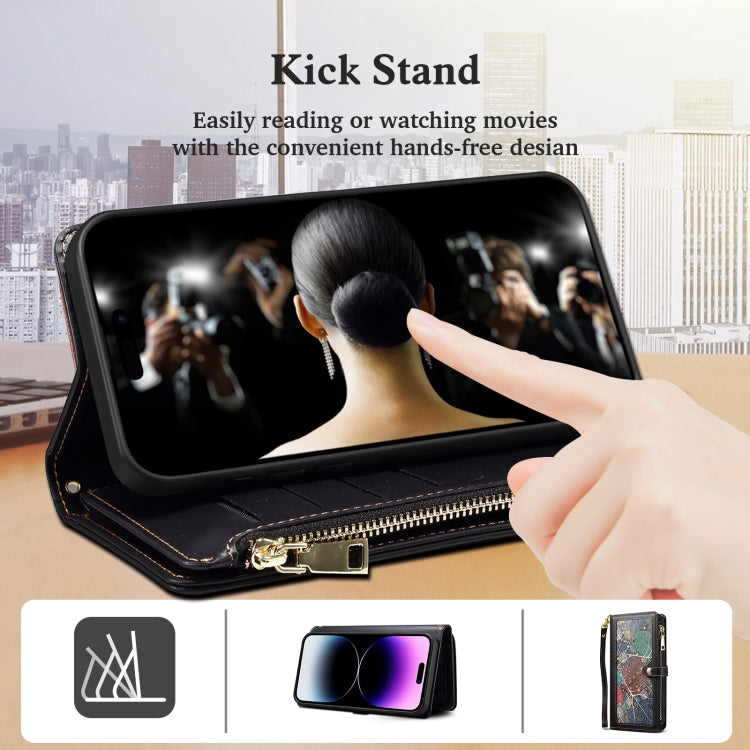 For iPhone 16 Plus ESEBLE Star Series Lanyard Zipper Wallet RFID Leather Case(Black)